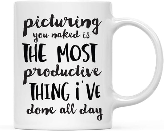 Andaz Press Valentine’s Day Funny 11oz. His Her Couples Coffee Mug Gift, Picturing You Naked is The Most Productive Thing I've Done All Day, 1-Pack, Gift Box