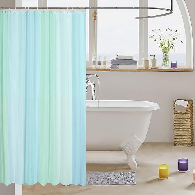 Feelyou Blue Green Stripe Shower Curtain Geometric Fabric Shower Curtain for Kids Simple Modern Bathroom Waterproof Accessories with 12 Hooks Women Men Fresh Style Curtains,72x84 Inches