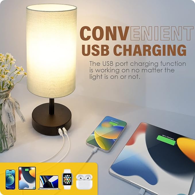 Yarra-Decor Bedside Lamps with USB Port - Touch Control Table Lamp for Bedroom 3 Way Dimmable Nightstand Lamp Set of 2 with Round Grey Fabric Shade for Living Room, Dorm, Home Office (Grey, 2 Pack)