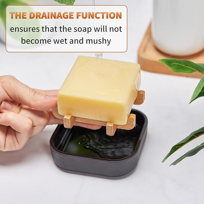 Bamboo Soap Dishes for Bar Soap Holders for Shower for Bathroom Sink Bulk Small Wooden Soap Tray Jabonera Pretty Neat Ventilated Soap Dish Disj Disk, Detachable (Single Rounded Black)