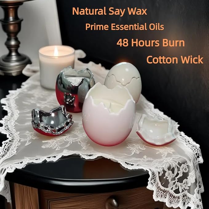 Easter Eggs Scented Candle,Natural Soy Wax, Creative Ceramic Eggshell, Aromatherapy Candle Gift Set, Candlestick Fragrance Gift Decoration (Milky White)