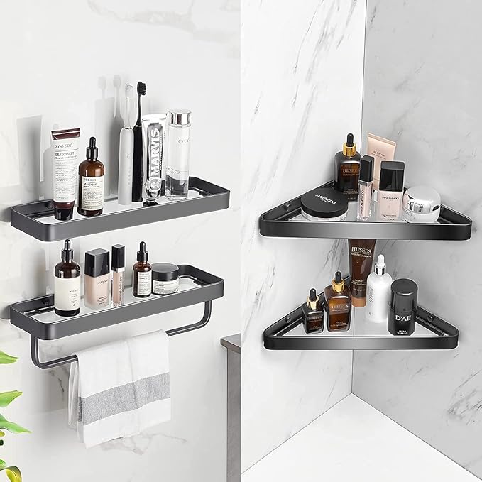 VOLPONE Bathroom Shelves Wall Mounted Glass Shelf for Bathroom Floating Shelf Tempered Glass Shelf 2 Tier Bathroom Wall Organizer(Black)