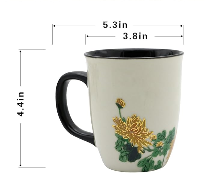 Funny Ceramic Magic Heat Color Changing Art Coffee Tea Mug Gold Chrysanthemum Printing Porcelain Mugs for Women Personalized White Green Tea Cup 16 oz Large coffee Mugs for Mom Girl Grandma