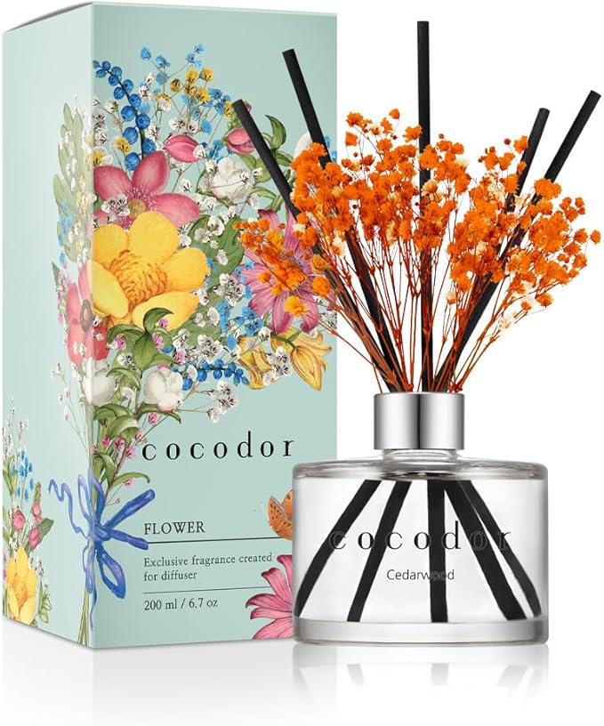 COCODOR Preserved Flower Reed Diffuser/Cedar Wood/6.7oz/1Pack / Home Fragrance Scent Essential Oil Stick Diffuser for Bedroom Bathroom Home Décor
