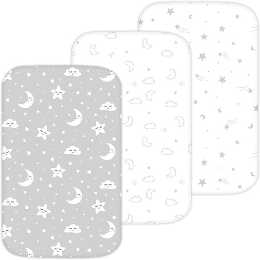 TansyPanda Bassinet Sheets for Cloud Baby, Yacul, Dream On Me Traveler, Skylar, BabyBond, Simmons, 3 PC, 33x20 in, Ultra Soft, Breathable Snug Fit, Unisex Boys Girls, Gray White (Moon, Stars, Clouds)