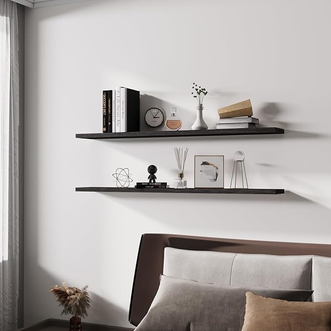 Floating Shelves 48 Inch Wall Shelf Solid Wood Mounted Storage for Bedroom Living Room Set of 2, Black Wall Shelves