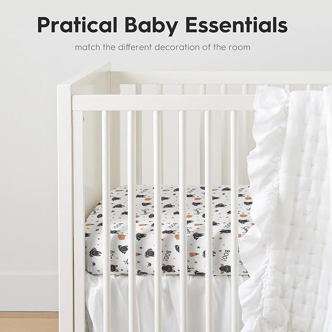 Horaldaily 2 Pack Fitted Crib Sheet for Boys Girls,Soft Breathable Washable Jersey Microfiber Baby Crib Sheet, Fits Standard Size Crib Mattress 28in x 52in, Bats Pumpkin Nursery Sheet Sage Black/White