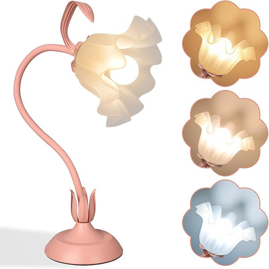 Flower Desk Lamp,LED Reading Light Bedside Vintage Flower Night Light,3 Colors Modes Cute Bedside Lamps Decor,Living Room Bedroom Room Kawaii Lighting Table Lamps Home Decoration (Pink)