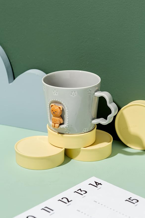 DIHOclub Bear Ceramic Cup Window Animals Mug Cute Cartoon Handmade Figurine Mugs,Holiday and Birthday Gift for Daughter,Son,Kids,9 OZ (Grey)