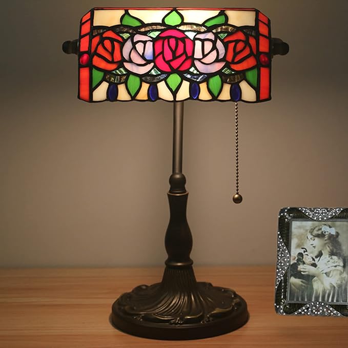 Tiffany Style Bankers Table Lamp Stained Glass Piano Desk Lamp Vintage Bedroom Bedside Lamp for Study,Antique Alloy Base,Zipper Switch,Rose a