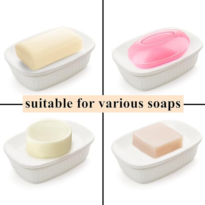 Tebery 2 Pack Ceramic Soap Dish, Non-Slip Shower Soap Holder, Double Layer Detachable Soap Saver Tray for Bathroom, Kitchen Sink, Countertop