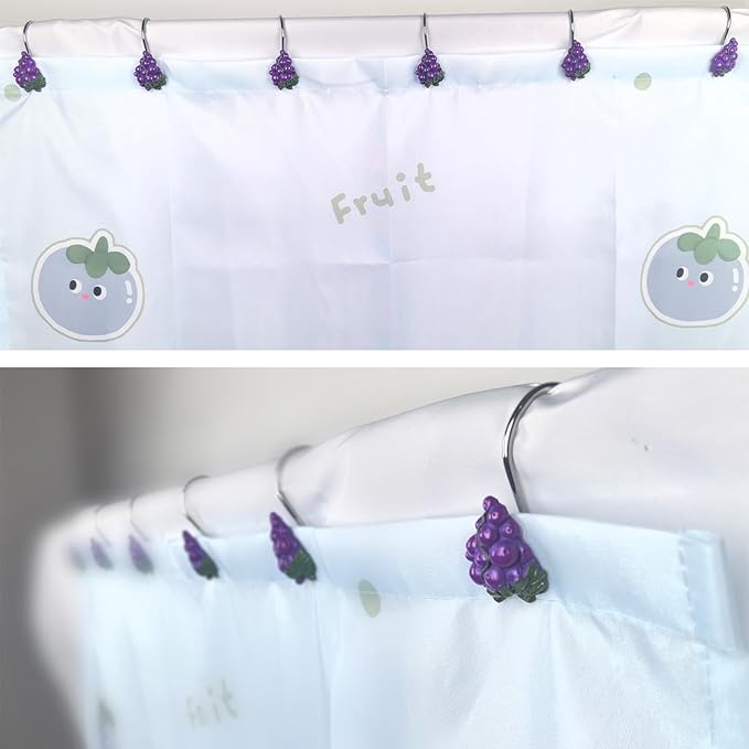 Shower Curtain Hooks, Grape Resin Hooks, Bathroom Shower Rod Decoration Set, 12 Pieces