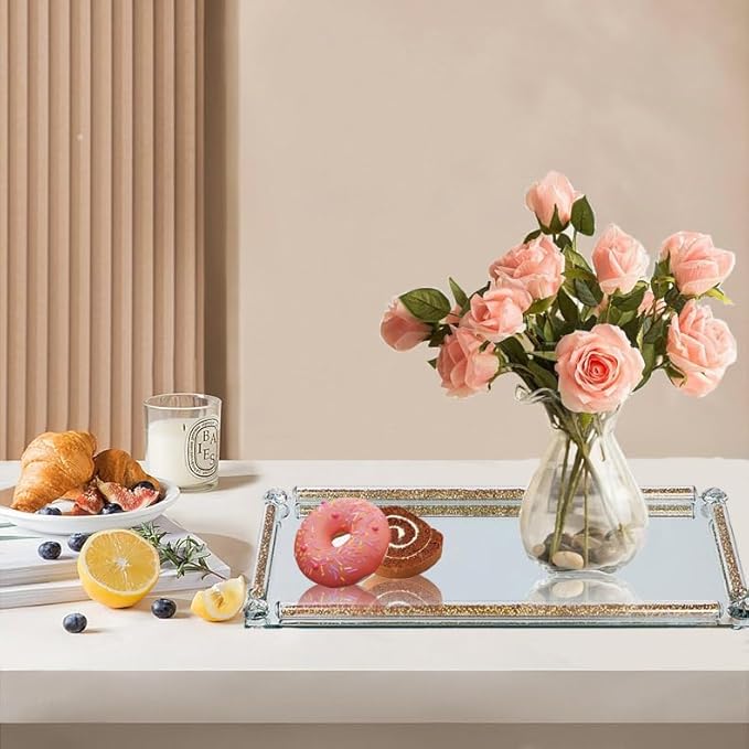 Crystal Diamond Tray, 13.8" x 5.9" Mirror Perfume Tray for Vanity Gold Crystal Jewelry Trinket Cosmetic Makeup Display Serving Trays for Dresser Crushed Diamond Home Decor