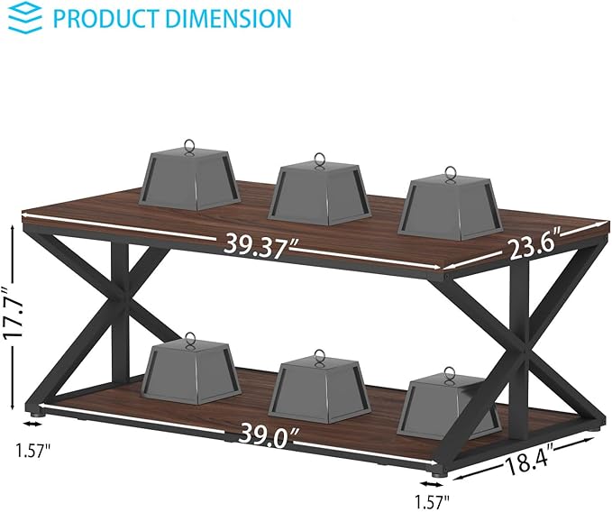 Coffee Table with Storage, Modern Living Room Table, Minimalist Rectangle Center Table, Industrial Vintage Wood Tea Tables, 39 Inch, Walnut