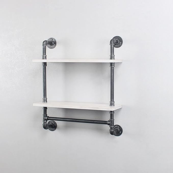 Iron Pipe Shelves, 2 Tier Industrial Bathroom Shelves with Towel Bar, Rustic Metal Pipe Wall Shelf, 24in - Retro White