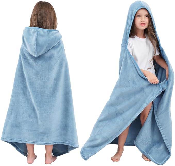 Hiturbo 2Pcs Kids Fleece Hooded Towel: Soft Plush Warm Blanket - 50"x30" Pool Beach Bath Swim Towel Wrap for 3-12 Yrs (Blue)