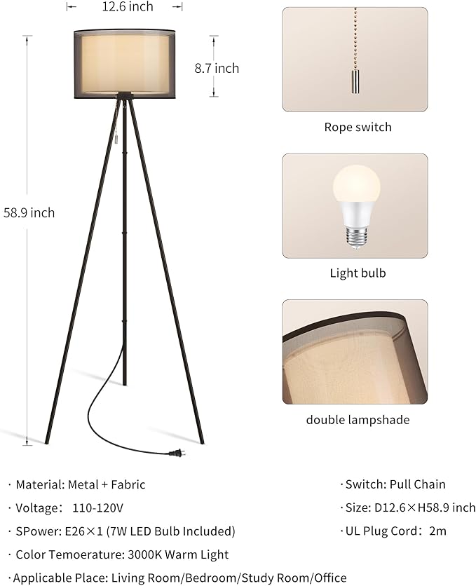 KDG Modern Floor Lamp - Tall Tripod Lamp for Living Room, Bedroom, Office; Fabric Shade, LED Bulb, Warm Light (Black)