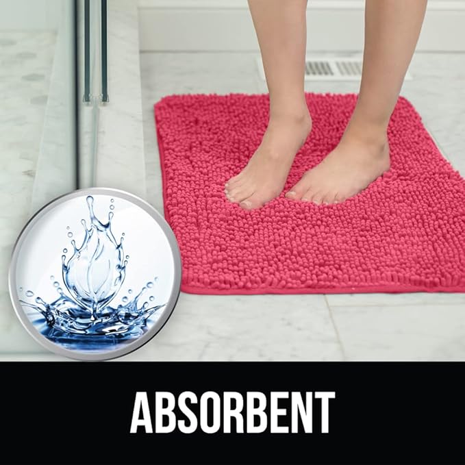 KANGAROO Bathroom Rugs, Chenille Soft Absorbent Bath Rug, Shaggy Shower Mat, Quick Dry Machine Wash Bathmat, Plush Carpet Mats for Tub, Bathtub and Room Home Decor Accessories, 42x24, Hot Pink