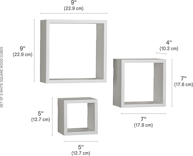 Melannco Floating Square Cube Shelves, for Bedroom, Living Room, Bathroom, Kitchen, Nursery, Set of 3, White, 3 Count
