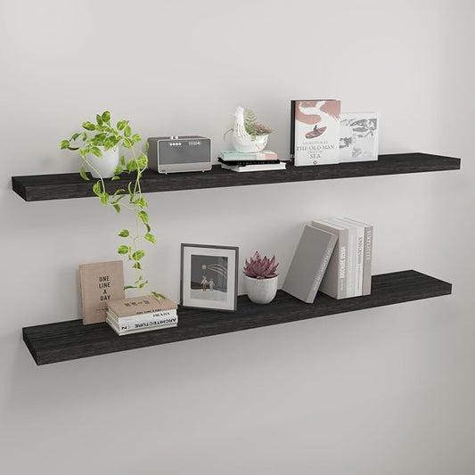Floating Shelves 48 Inch Wall Shelf Solid Wood Mounted Storage for Bedroom Living Room Set of 2, Black Wall Shelves