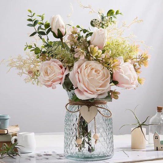 Silk Rose Flowers in Vase, Artificial Flowers Arrangement with Glass Vase Faux Rose for Decoration Table Centerpiece (Pink Rose)
