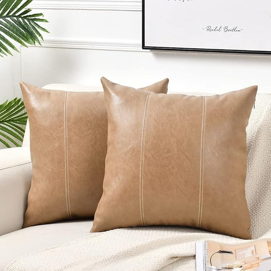 Fancy Homi 2 Packs Tan Decorative Throw Pillow Covers 20x20 Inch for Living Room Couch Bed, Modern Farmhouse Boho Home Decor, Waterproof Faux Leather Hand Stitched Beige Square Cushion Case 50x50 cm