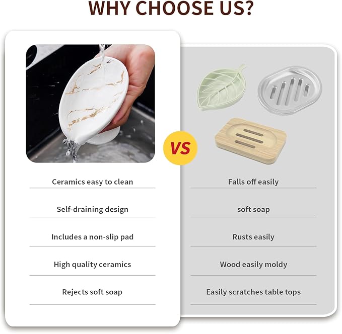 Soap Dish, Soap Holder Self Draining Leaf Shape Soap Dishes，White and Gold Marble Pattern Ceramic Draining Soap Tray for Shower, Bathroom Sink, Kitchen (Small Size-Marble White, 1)