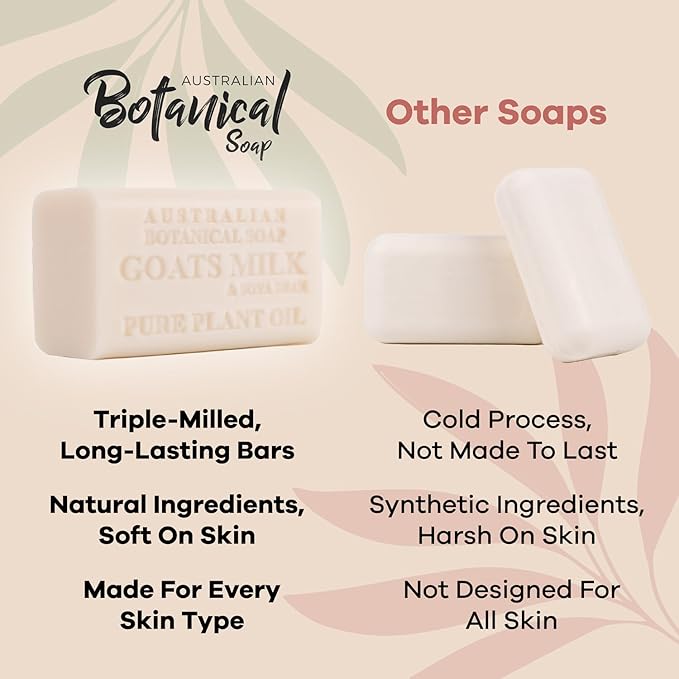 Australian Botanical Soap 6.5 OZ Pack of 4, Goat Milk Soap Bars with Soya Bean Oil, Enriched with Organic Shea Butter, Suitable for All Skin Types