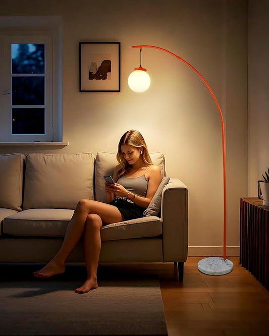 Lightdot Arc Floor Lamp for Living Room, 76Inch Tall Standing Lamp with Marble Base and Globe Bulbs Included, 3000K Warmwhite Modern Mid Century Floor Lamp for Bedroom & Home Office-Orange