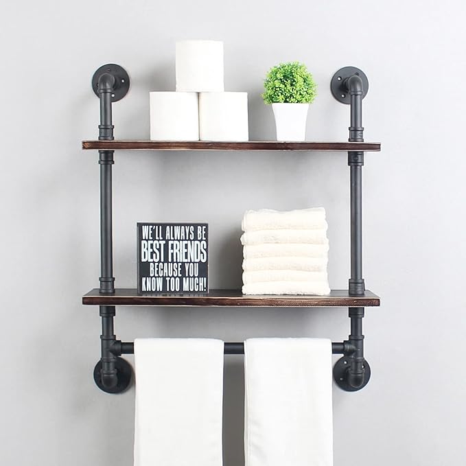 Pipe Shelving,Iron Pipe Shelves Industrial Bathroom Shelves with Towel bar,24in Rustic Metal Pipe Floating Shelves Pipe Wall Shelf,2 Tier Industrial Shelf Wall Mounted,Retro Black
