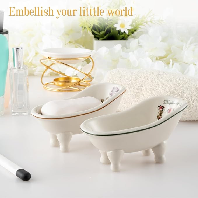 Retro Ceramic Bathroom Soap Dish for Shower - 2PCS - 5.6'' Porcelain Mini Bathtub Self Draining Soap Holder for Home Decor, Vintage Decortative Tray Rack, Outdoor Small Planters Set