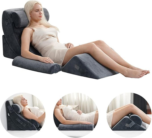 Qirroboni 6PCS Orthopedic Bed Wedge Pillow Set, Adjustable Pillows for Neck Back and Leg Pain Relief Comfortable & Post Surgery Foam- Heartburn Anti Snoring Acid Reflux & GERD Sleeping Charcoal Grey