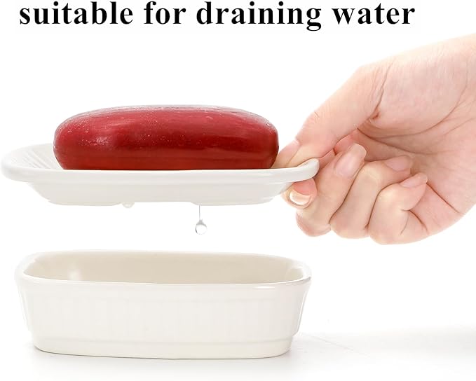 Tebery 2 Pack Ceramic Soap Dish, Non-Slip Shower Soap Holder, Double Layer Detachable Soap Saver Tray for Bathroom, Kitchen Sink, Countertop