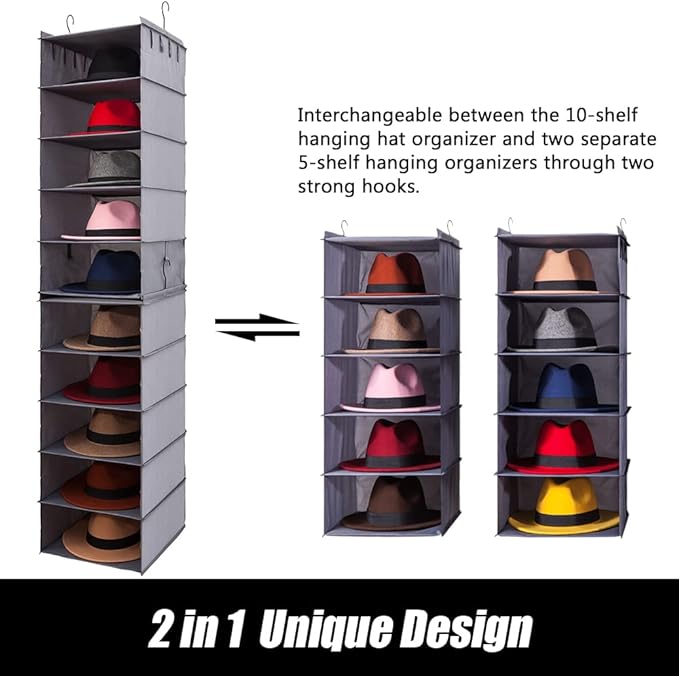 LADYBRO Hat Rack for Closet Hat Organizer, 10-Shelf Organizer for Fedora Trilby Hanging Storage Display Hanger Holder Caps Sunglass, Oxford Cloth Grey
