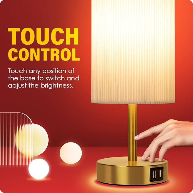 Yarra-Decor Bedside Lamp with USB A+C Charging Ports Set of Two - Touch Control Table for Bedroom Wood 3 Way Dimmable Nightstand Round Pleated Shade Home Office (LED Bulb Included)