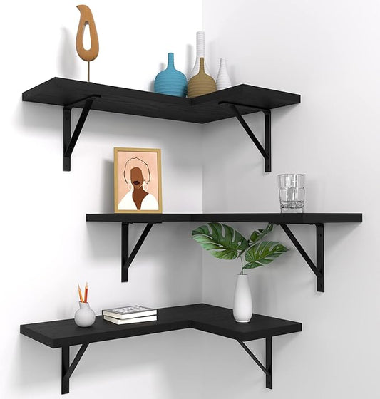 NATURE'S SOURCE Corner Floating Shelves Set of 3, Corner Shelves Wall Mounted, for Bedroom Kitchen Living Room Bathroom Office- Gothic Style (Black)