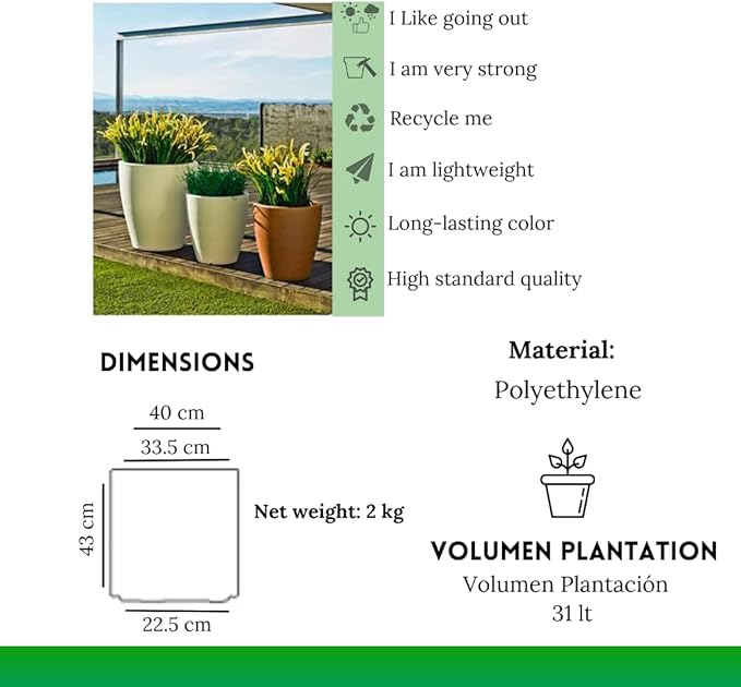 Elly Décor 17 inch Planter for Garden with Drainage, Large Round, Lightweight & Extremely Durable, Deck Indoor/Outdoor Plastic Pot, 17"x15"x9", Light Grey