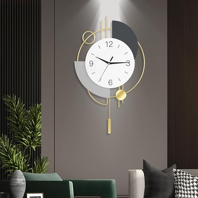Wall Clock, Silent Quality Quartz Battery Operated with Pendulum, Large Wall Clock for Living Room Kitchen Home Bathroom Bedroom Wall Decor,13x21.65inch,Golden