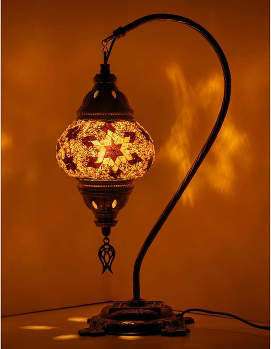 Kafthan Turkish Moroccan Mosaic Lamp – Handmade Glass Swan Neck Bedside Lamp with Antique Brass Base, Ideal Decor for Bedroom, Office, Living Room – Bulb Included (Ecru Snow Flakes)