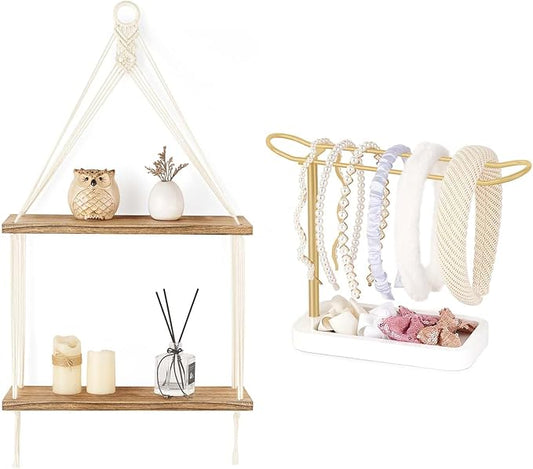 Mkono Macrame Hanging Shelf Boho Wall Decor 2 Tier Handmade Cotton Rope Rustic Wood Floating Shelves Headband Holder Headband Organizer Metal Headband Storage Hair Accessories Organizer