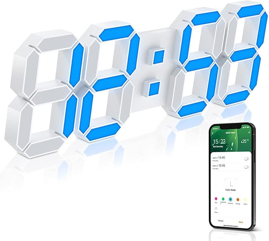 EDUP HOME 15" Multicolor LED Digital Wall Clock Alarm Clocks with APP Control, 3D LED Light Decorate Clocks with 5 Levels Brightness/Time/Date/Temperature Display, for Kitchen Bedroom Office