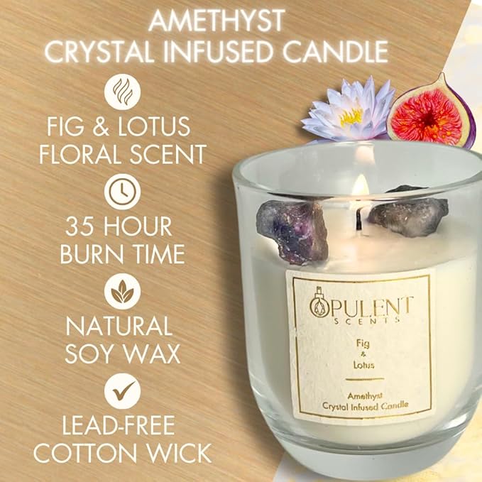 Crystal Candle & Diffuser Set with Amethyst – Fig & Lotus Aroma by Opulent Scents | 100% Natural Soy Wax & Oils | Relaxation & Serenity Gift for Home