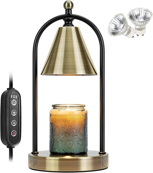 Soilsiu Candle Warmer Lamp with Timer, Electric Brass Candle Warmer Light for Bedroom, Dimmable Wax Melts Warmer for Candle Jars, Beside Lamp Gifts for Women Home Decor (2 Bulbs Included)