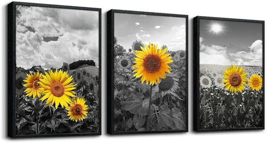 Black Framed Wall Art For Living Room Wall Decor For Bedroom Sunflower Flowers Wall Paintings Room Decor Black And White Pictures Artwork Kitchen Home Decoration Set of 3 Piece Framed Art Prints