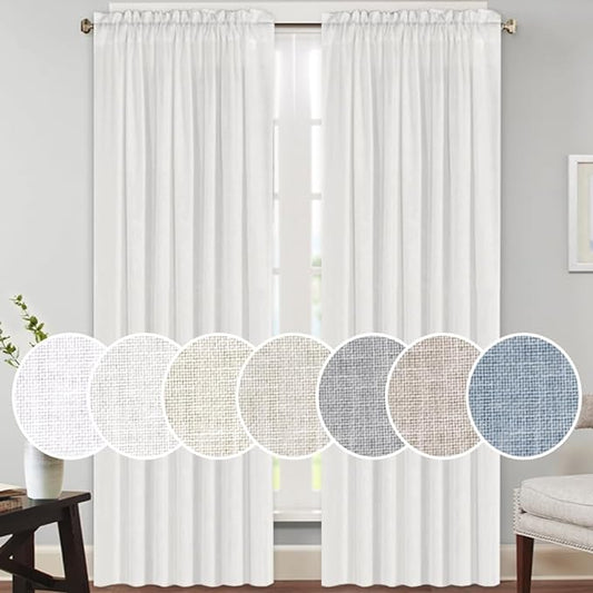 PrinceDeco Linen Curtains 84 Inch Long Rod Pocket Window Drapes for Bedroom Energy Saving Light Reducing Vertical Drapes Country Rustic Linen Blended Curtains,2 Panels (White, 52" W x 84" L)