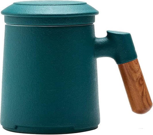 ZENS Tea Cup With Infuser and Lid, 12oz Green Mug for Loose Leaf Steeper, Wood Handle With Fine Strainers Hot Diffusers, Ceramic Mugs Accessories for Lovers Gifts