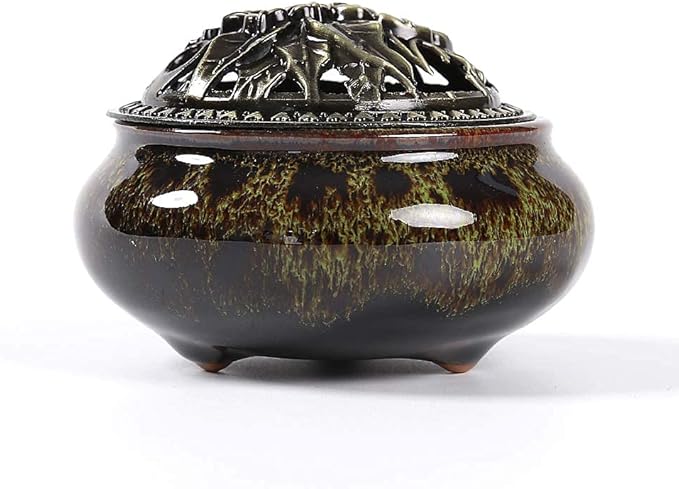 Ceramic Incense Burner with Incense Stick Holder + Insulation use for Stick or Coil Incense, Sage Cones and Frankincense (Fambe Green)