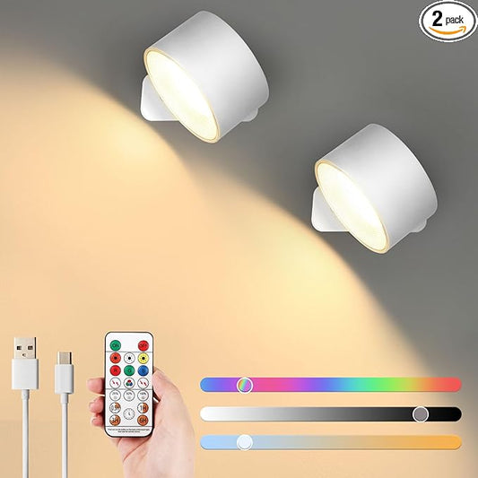Lightess 2PC LED Wall Sconces, 19 Colors Dimmable Wall Mounted Lamp with Rechargeable Battery Operated USB, 360°Rotate Magnetic Ball, Touch & Remote Control, Cordless Wall Light for Reading-White