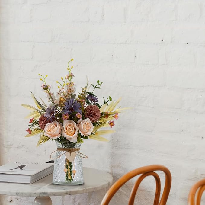 Silk Flowers with Vase, Artificial Rose Flowers Arrangement with Glass Vase Faux Rose for Decoration Table Centerpiece (Rose Champagne)