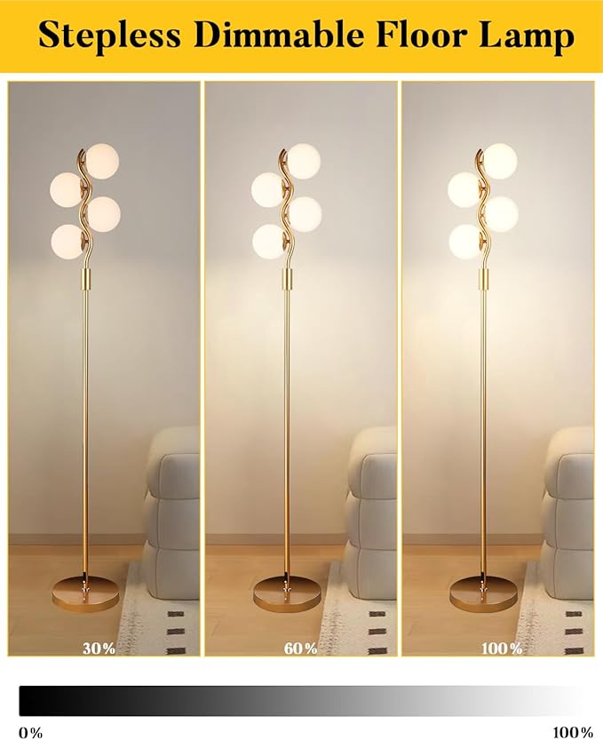 60IN Dimmable (Brightness Adjustable) Gold Floor Lamp, Modern Standing Lamps with 4 Globe Soft Warm White 3000K Bulbs, Mid Century Floor Lamp for Living Room Bedroom Home Decor